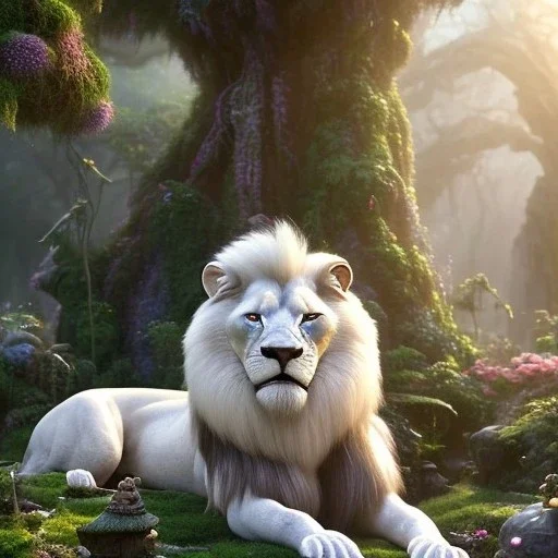 pixar style, fairy garden environment and background, realistic painting of white lion, sparkling blue crystal on forehead, looking excited, volumetric lighting, dramatic lighting, detailed digital painting, extreme dense and fine fur, ornate, colour-washed colors, elegant, small minutiae, tiny features, particulars, centered, smooth, sharp focus, renderman gofur render, 8k, uhd, detailed eyes, realistic shaded volumetric lighting, sunlight caustics, backlight, centered camera