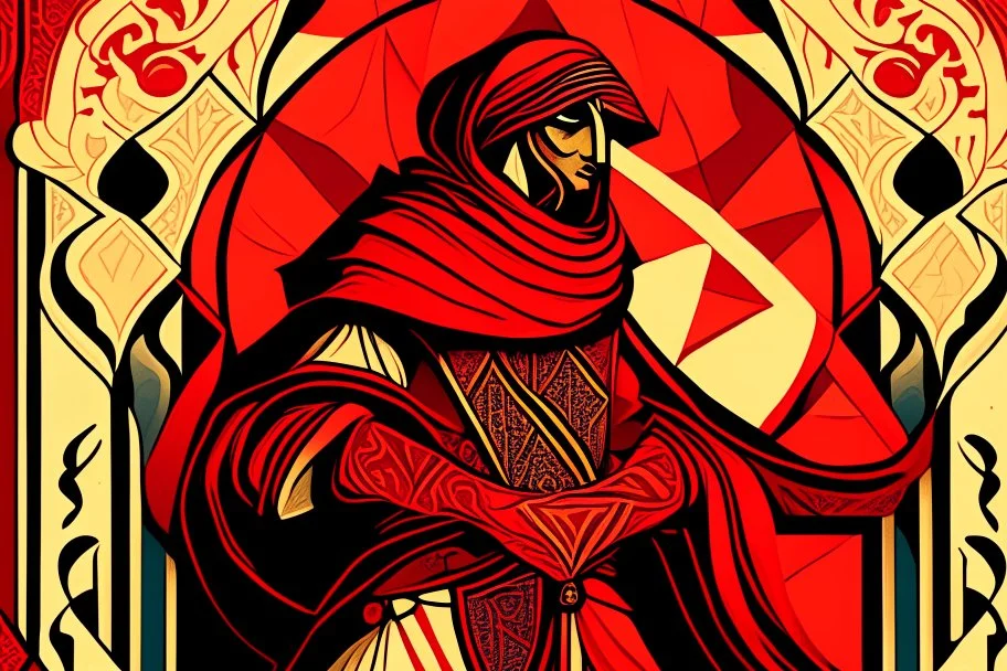 Stylized Arabian Nights knave, In the style of Tarot and Art Deco, Red colours