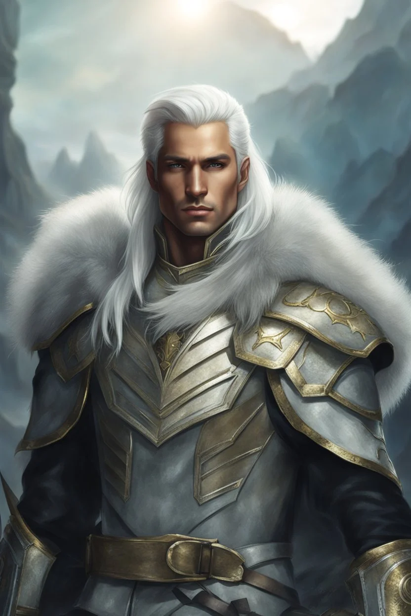 Male Tan Human, White Hair, Handsome Face, Black and Gold Armor.