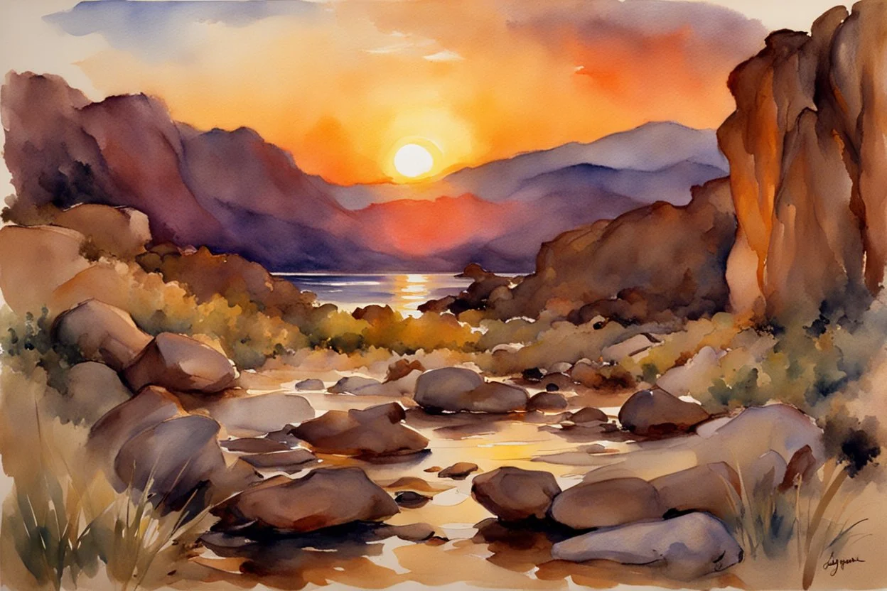 Sunset, rocks, mountains, rocky land, epic, john singer sargent watercolor paintings