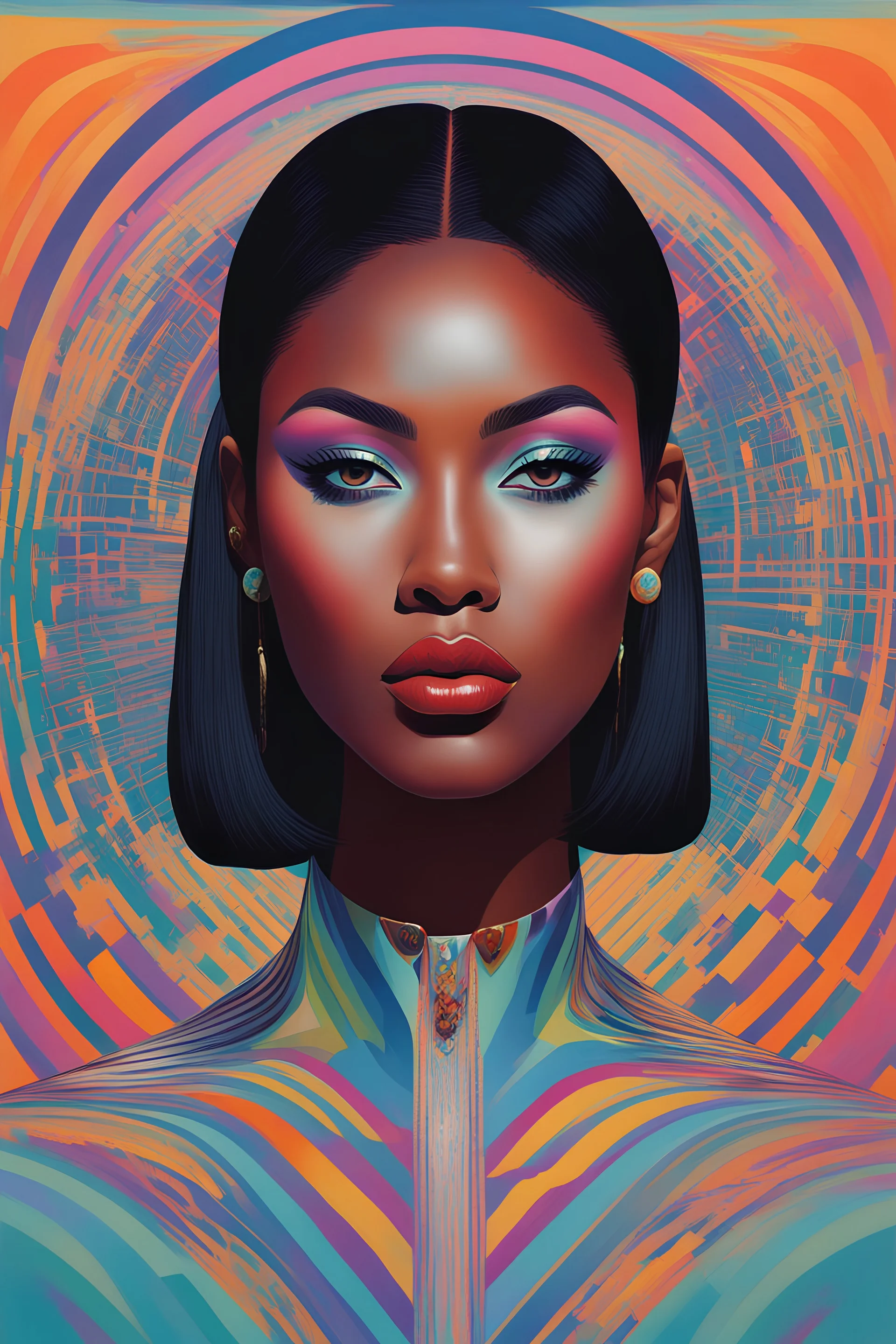 portrait of justine skye, environment map, abstract 1998 air hostess poster, portrait of thick shiny black straight hair, dramatic makeup, intricate stunning highly detailed, op art, pastel colors, hypnotic, art by Victor Moscoso and Bridget Riley by sachin teng x supreme, dark skin, full lips