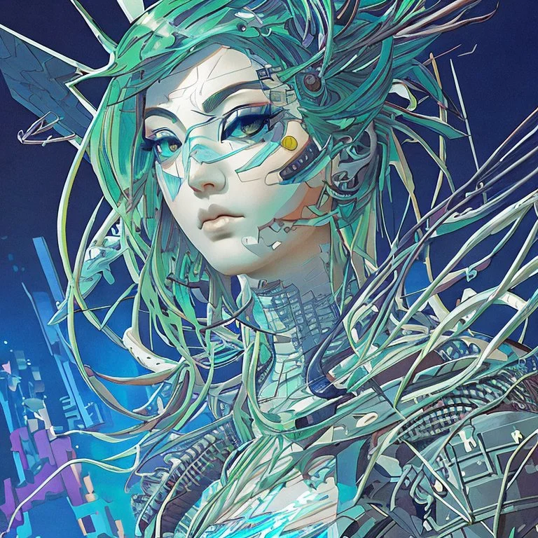 shattered beautiful cyberpunk tall girl, hyperdetailed, illustration by Katsushika Hokusai, darkblue tones,