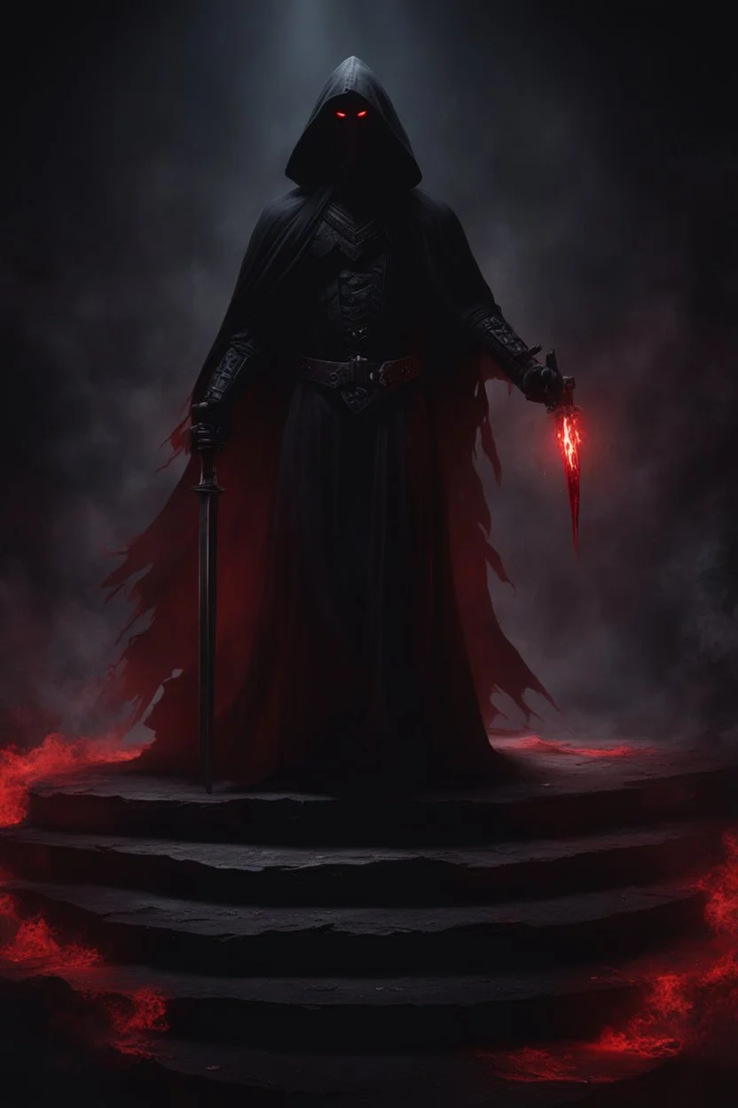 the bloody specter known as The Shadow of Death. fantasy art, Cinematic lighting, Volumetric lighting, Epic composition,