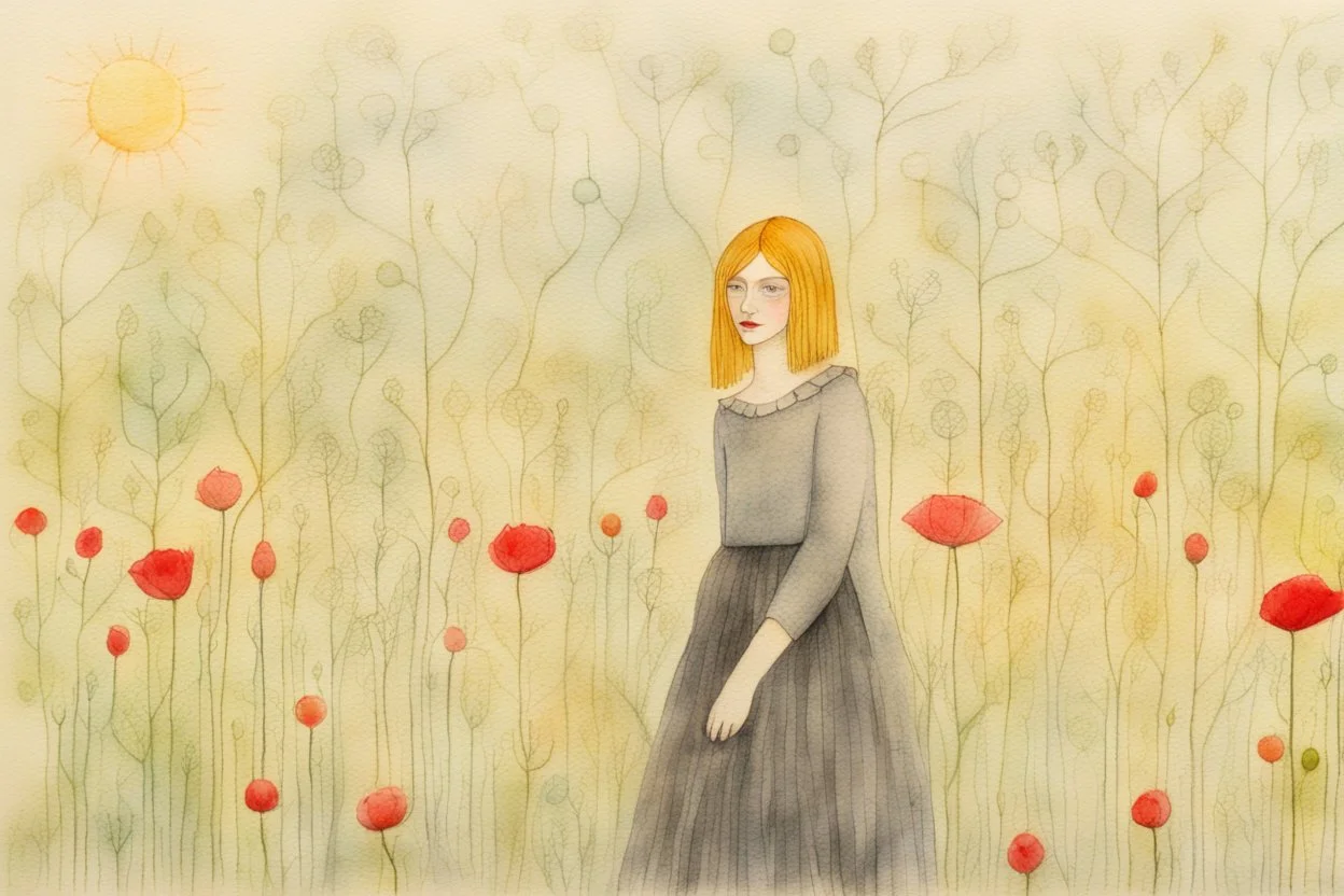 woman in the flowergarden, styles of Paul Klee Dee Nickerson and Tim Burton, melting watercolor and black ink outlines on wet paper, soft, shading strokes, in sunshine, ethereal, otherwordly, cinematic postprocessing, bokeh, dof