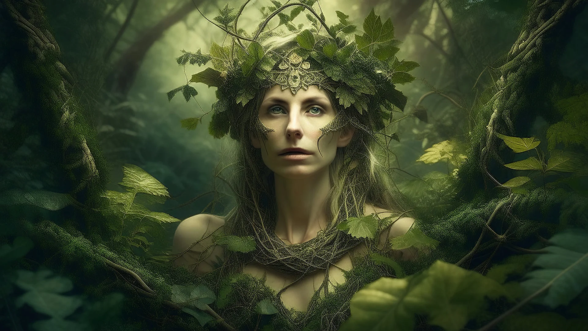 The image features a female figure surrounded by a lush natural environment. The woman seems to merge with the vegetation, as her body is partially covered by branches, leaves and vines that envelop her as if she were part of the environment. She wears a crown or adornment on her head that reinforces her connection with nature. The background shows dense vegetation with different shades of green and a possible wall of water or mist that adds a mystical atmosphere. The image evokes the idea of ​​