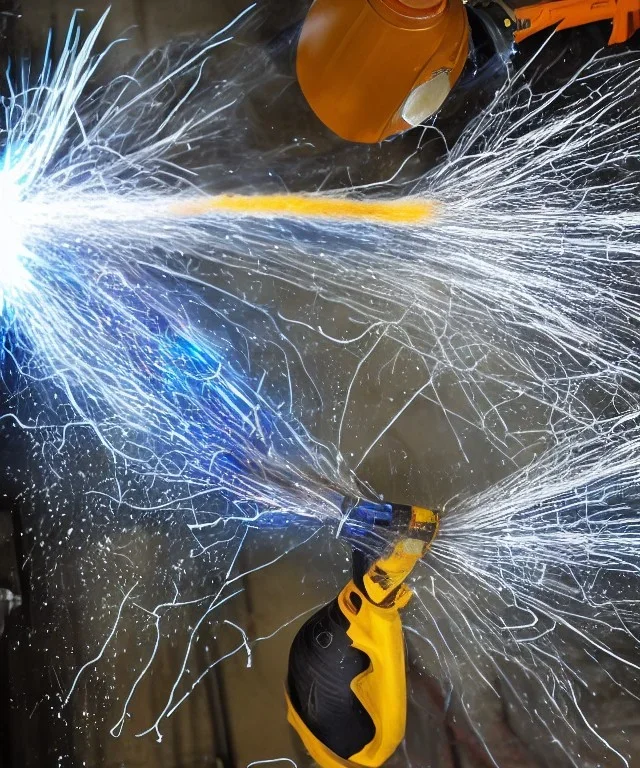 A hose pouring cosmic goo water fire plasma electricity angle grinder Sparks