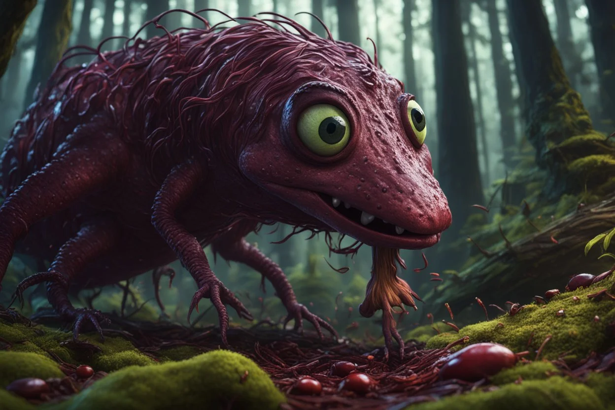 Rare parasite creature holding a girl meanwhile many worms streaming from his eyes in the forest, fullbody, macro photography, darkred tones,high detailed, 3d pixar disney the cinematic FKAA, TXAA, and RTX graphics technology employed for stunning detail.