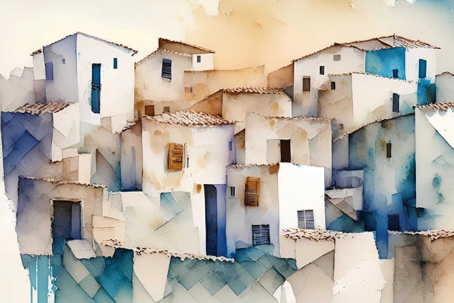 abstract geometric watercolour of a Greek village on rough textured bumpy plaster wall