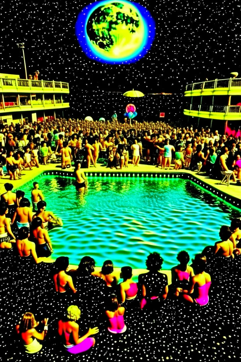 techno rave party in 80's with swimming pool on the moon full