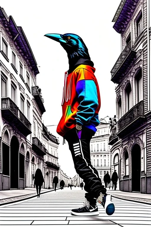 One single mature crow with hip hop clothes, dancing on the stree, Vienna, happy, perfect iris, colours, model style, hyper realistic, extremely accurate, delicate, extremely detailed, Graphic novel style, wide-angle, open aperture, superfine pencil