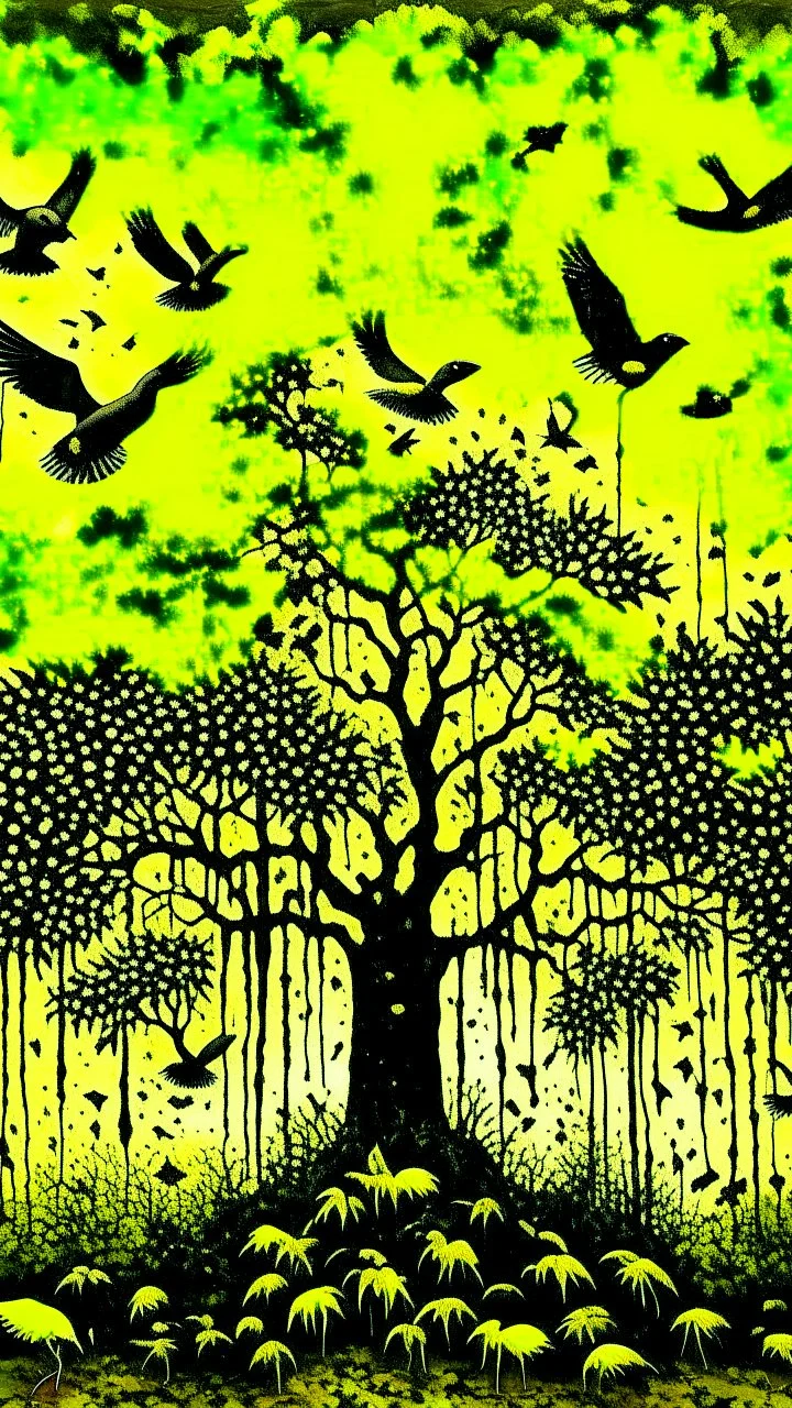 Jungle birds flying around big tall tree, painting, yellow and black