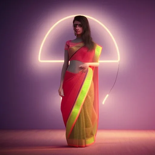 full body photo of a girl in saree in dark room with neon light ,hyperrealistic,detailed,8k,cinematic