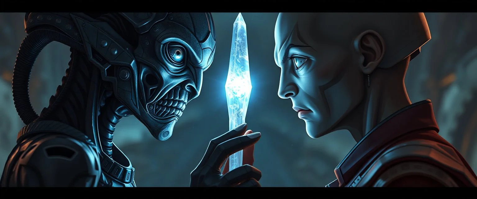 Close-up confrontation between an ancient alien outcast leader synth and a space broker, standing only a meter apart, intense eye contact, glowing crystalline rod between them, anger mixed with sadness, dramatic facial expressions, shallow depth of field, cinematic lighting, stylized 3D anime, airbrush painting, crisp outlines, escher , rembrandt and hr giger, border in background, characters not affected by border