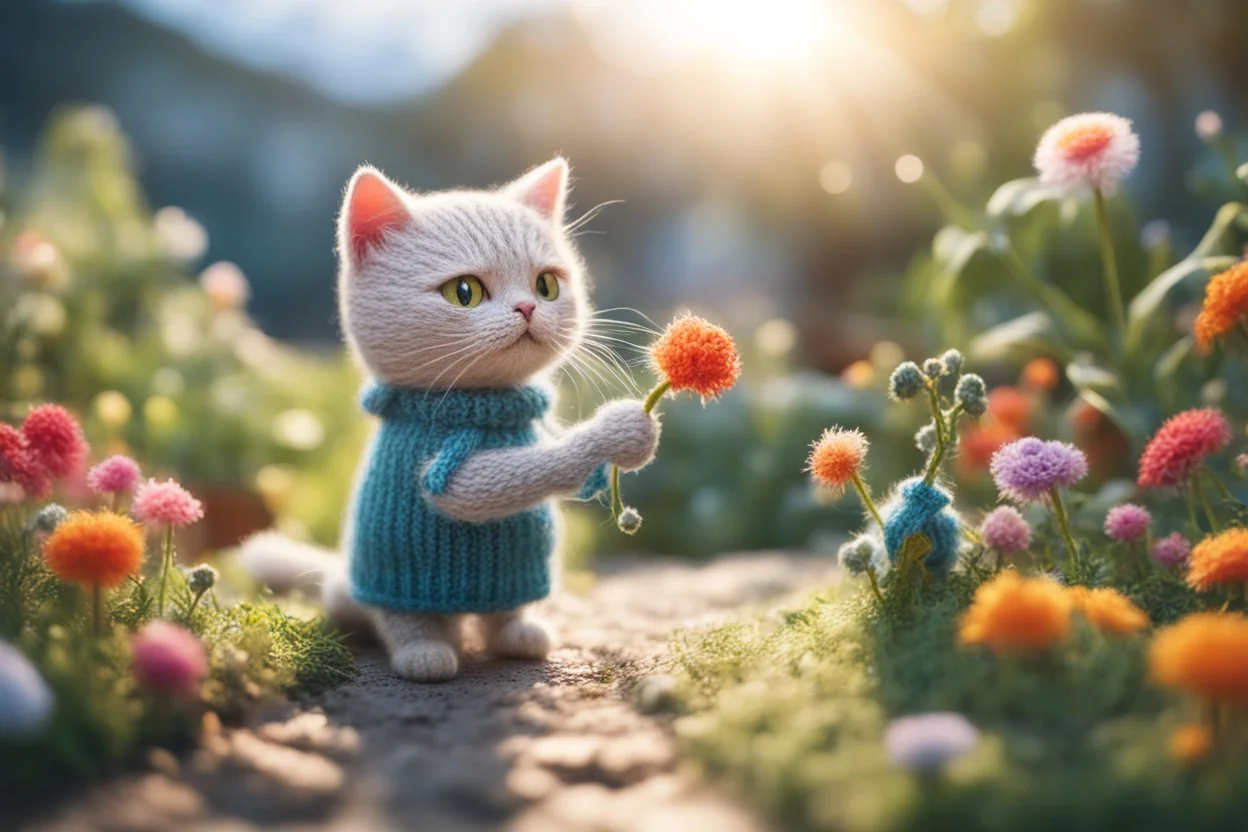 photorealistic image, knitted and embroidered chibi anime gardener cat watering flowers, ecuador landscape, S<AI in sunshine, ethereal, cinematic postprocessing, bokeh, dof