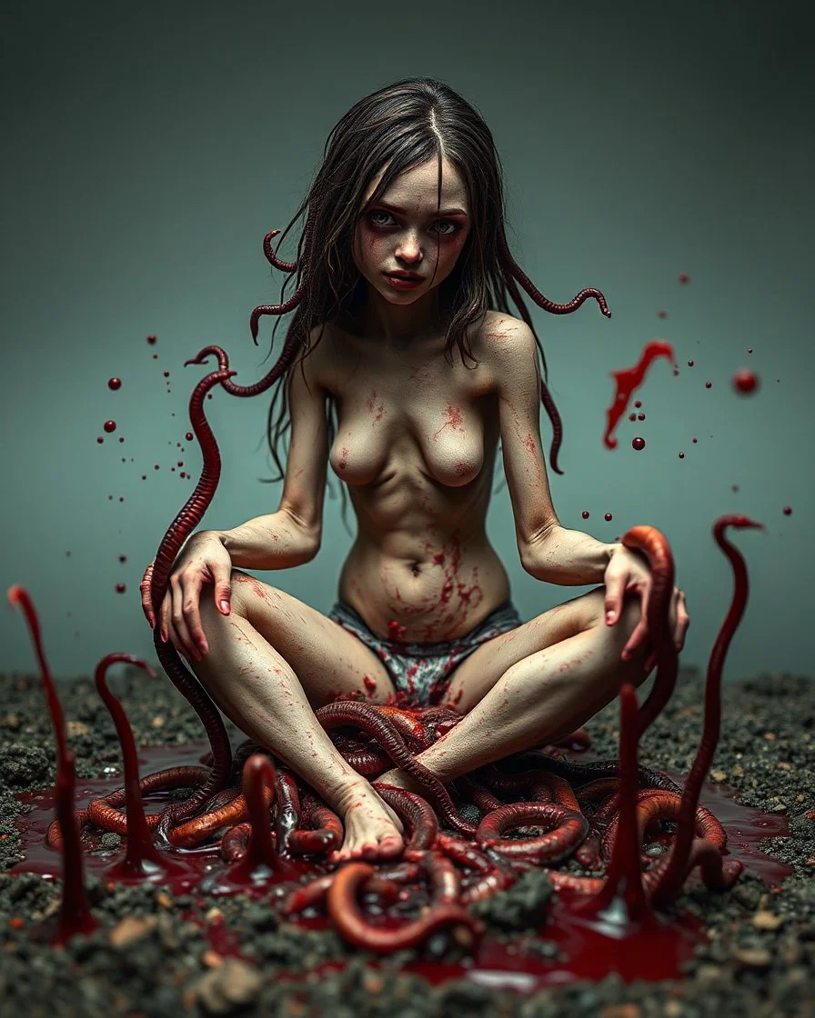 Petit weird woman with many worms from his body, sit pose, fullbody, splashes blood, behind guts rising from the ground, darkred tones, macro photography,
