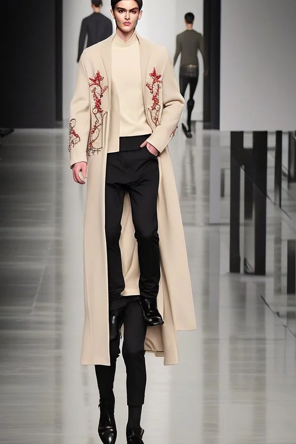 a guy winter fashion runway with modern clothes inspired by Superman style clothes, embroidery elegant fashion beige tones