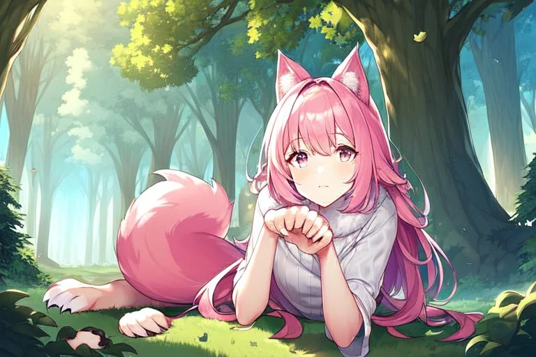 Forest, girl, pink hair, dog tail, sit on all fours, fur on foot and hand, paw