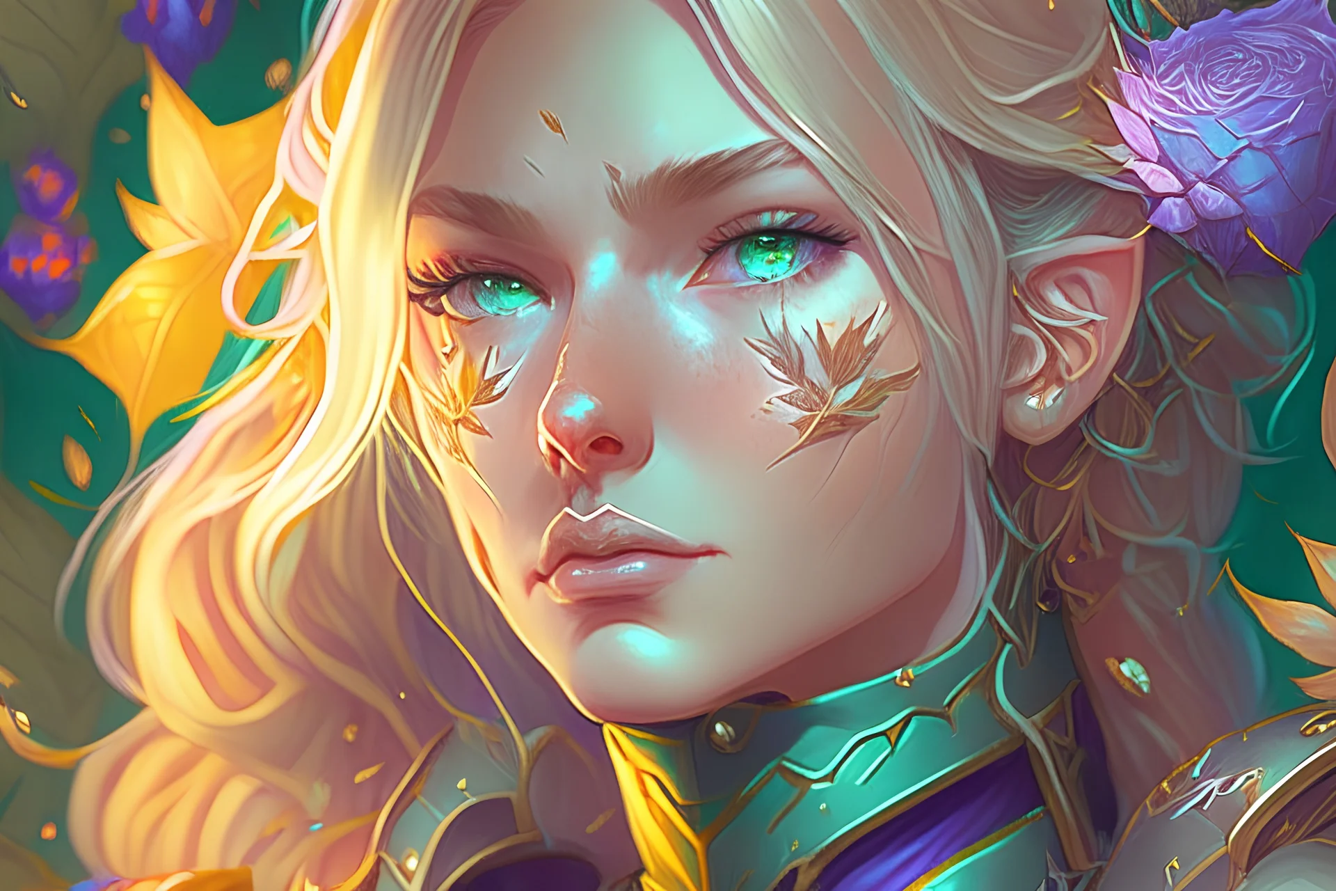 Portrait of beautiful blond knight woman, japanese girl, hazel eyes, green, gold, orange, teal, purple, roses, bats, intricate, elegant, highly detailed, digital painting in anime style, artstation, concept art, smooth, sharp focus, illustration, v, hyper realistic, intricate detail