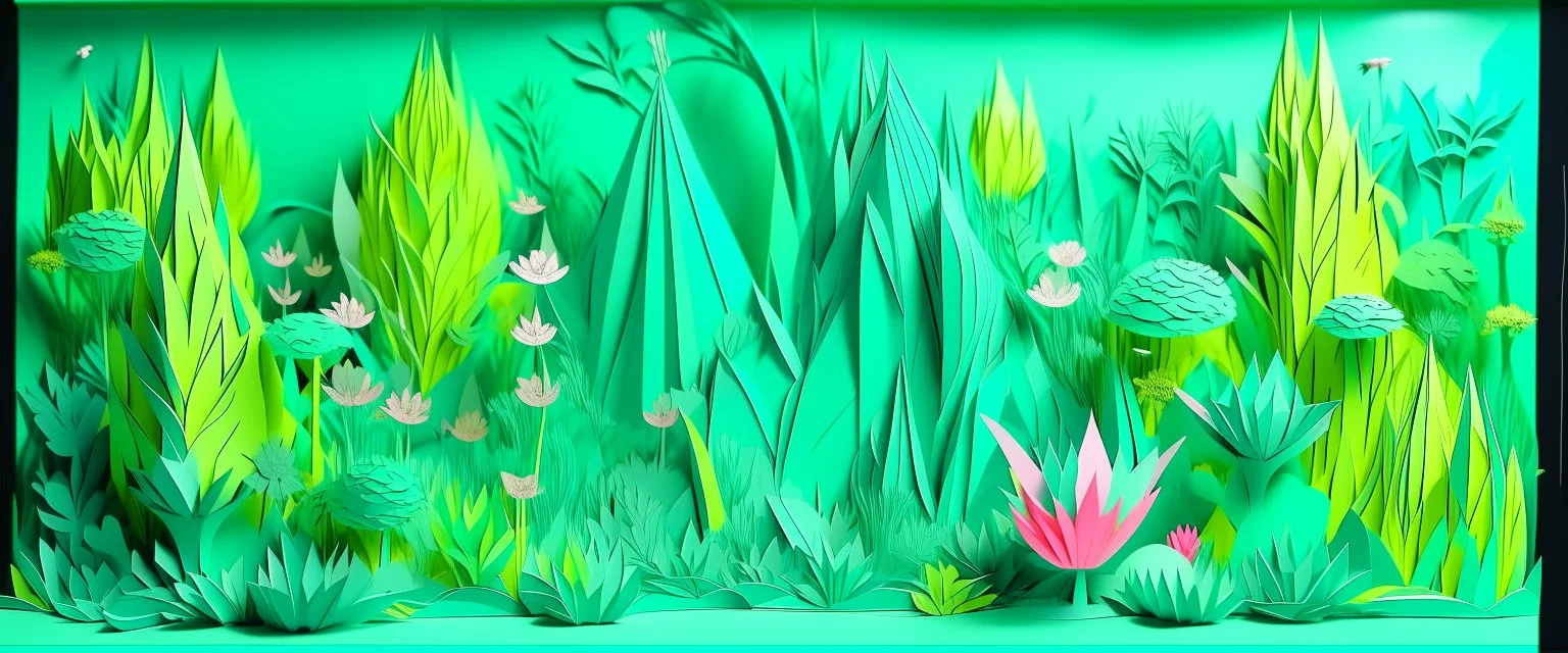 A neon mint green fairy realm with flowers designed in Japanese origami painted by Vincent van Gogh