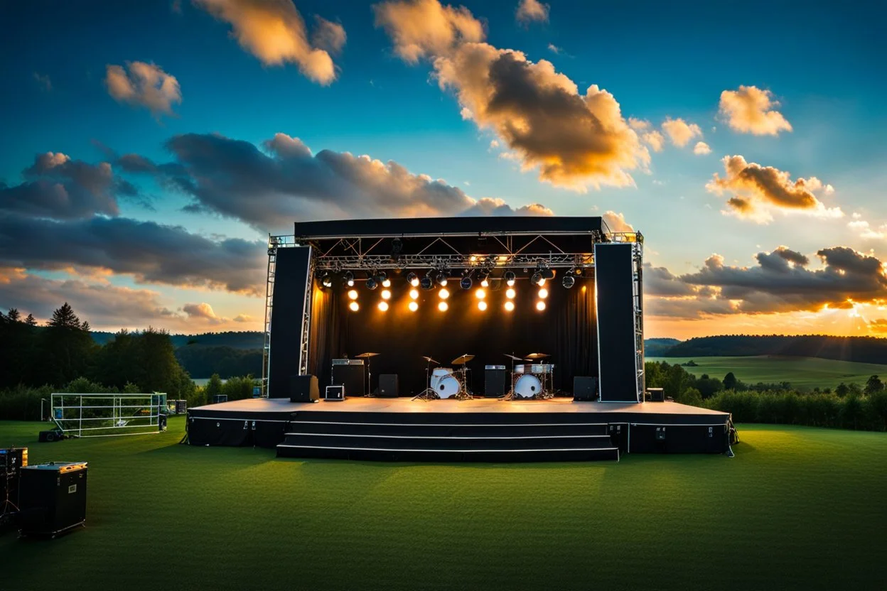 a big open disko stage in country side environment , at distance,blue sky pretty clouds ,sunset ,golden hour,closeup.