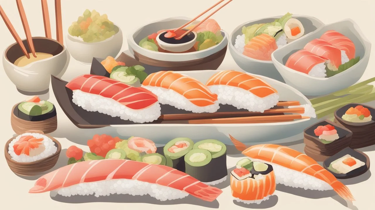 "An image of a sushi dish ready for serving, showcasing its vibrant colors and diverse ingredients. The details of the rice, fish, and vegetables are portrayed realistically, making you feel as if you're dining in an upscale Japanese restaurant. The harmonious blend of colors creates an artistic masterpiece worthy of savoring."