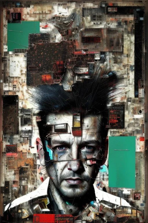 Ultra detailed medium portrait painting of a man, bended and hands in hair, giving up, broken, dark and chaos background,torn up collage of clippings, broken circuitry background, matrix effects, punk visual art, punk art aesthetic, graffiti art, pop surrealism, collage art, cluttered paint glitches