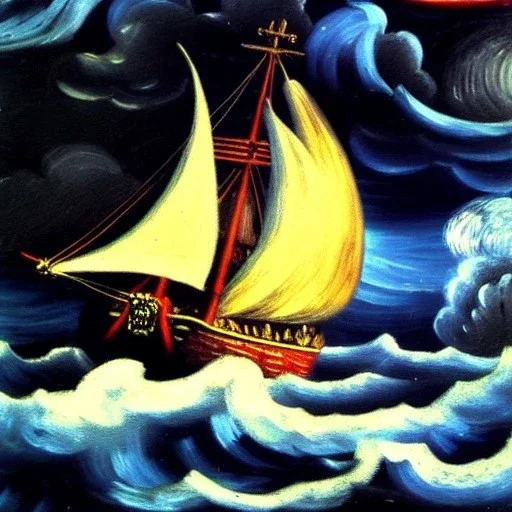 Dibujo al oleo de un Viejo Galeón Pirata navegando en la tormenta, lighting, con nubes estilo Vincent van Gogh 8k