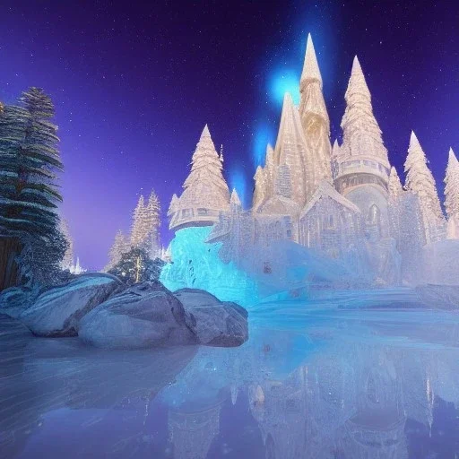 castello di cristallo bianco e oro ， cascata, diamanti, aurora boreale, ice and snow, blue and white, sole liscio e luminoso ， atmosfera di luce soffusa, effetto luce ， vaporwave colorato, concept art, dettaglio liscio ed estremamente nitido, dettaglio finemente regolato, altissima definizione , 8 k, motore irreale 5, messa a fuoco ultra nitida