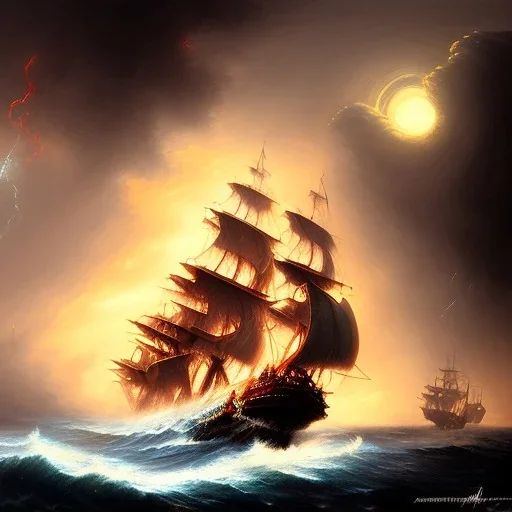 frank frazetta style, pirate ship battle, ocean, storm, night