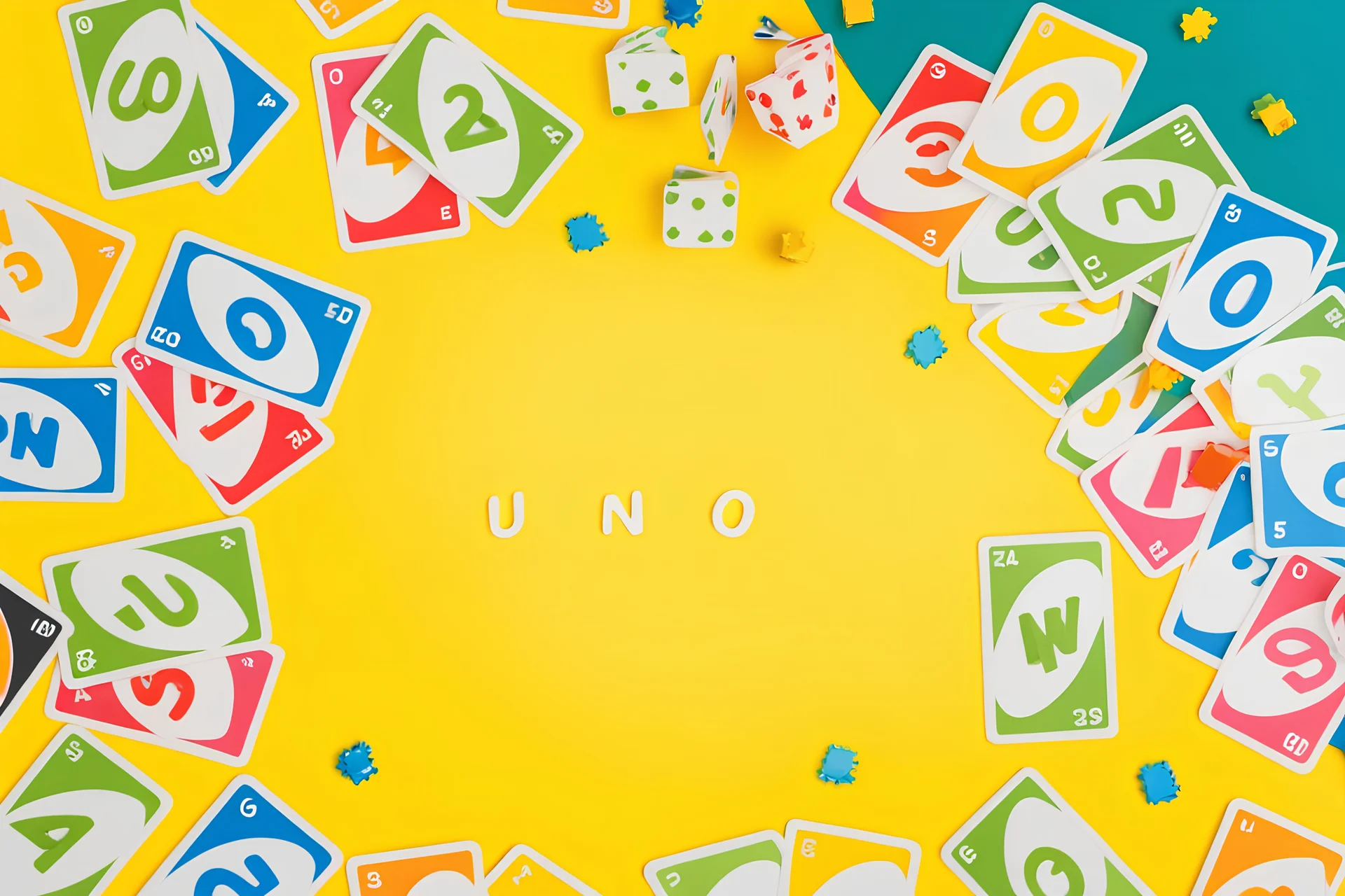 Create a vibrant and engaging image for Uno cards themed slides. Include iconic Uno card elements such as colorful numbers (0-9) and action cards (Skip, Reverse, Draw Two, Wild). Use a balanced composition and vibrant color palette to make the image visually appealing for presentation slides.