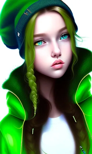 girl, cute, beautiful, long hair, wavy hair, green hair, blue eyes, green beanie, green coat, black tee shirt, green shorts