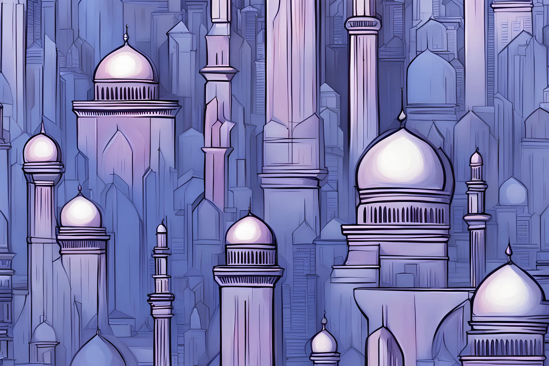 Produce a digital painting of a mosque that appears to levitate above a futuristic city skyline, surrounded by holographic minarets and high-tech architectural features