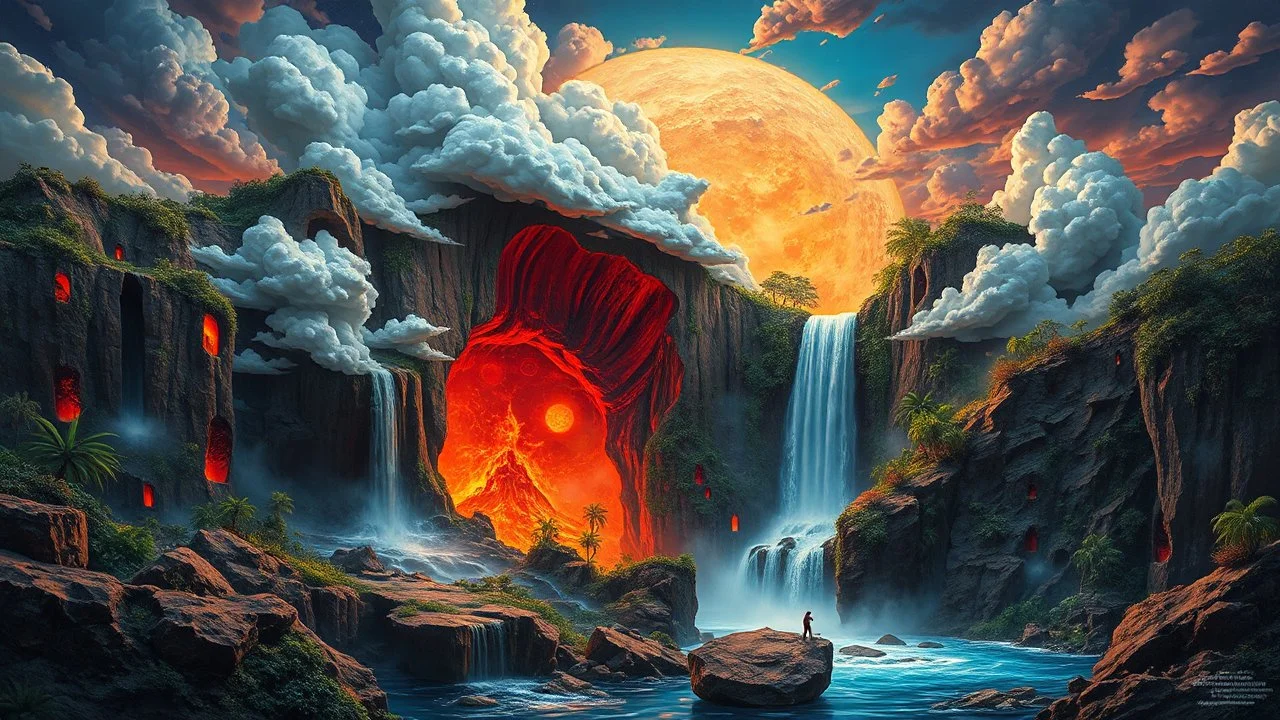 waterfall full of holes with various jungle flowing spiral cloud neon colorful Unique open cliff burning ripped surrealistic artwork with shiny shackled by cliff and sea island, while holding a waterfall doing pulling, the open cavity inside the body is a scene of an ancient Egyptian painting in the Gesang desert 5D diorama, with seven open panels on the revealing a forest with a thousand shadows, giving a triple exposure effect on a Balinese girl and her neck cavity, crystal calypso wild expose