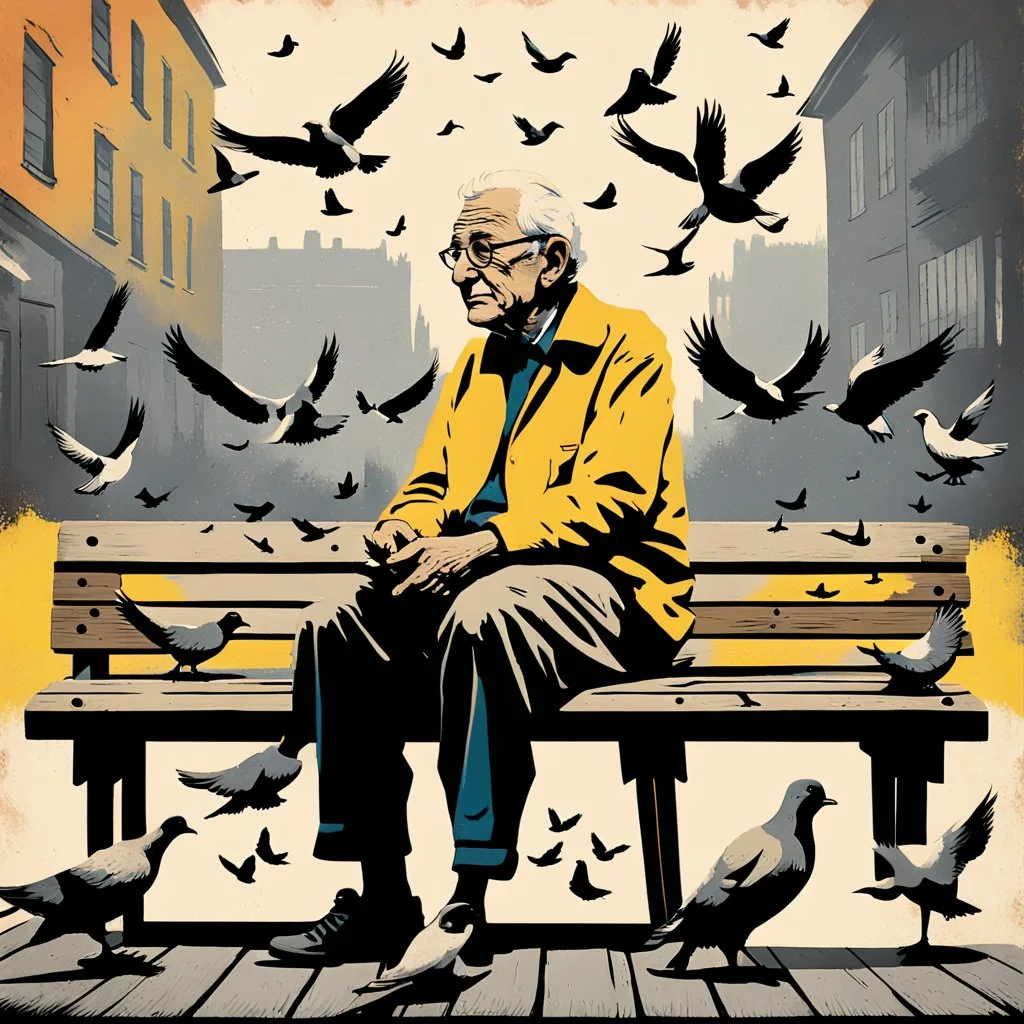 A digital painting in a vintage pop-art style. An elderly man sits on a wooden bench surrounded by pigeons, holding some in his hands. The scene is inspired by a black-and-white photograph but reimagined with bold pop-art colors, strong contrasts, textured brush strokes, and a retro urban atmosphere. The background features distressed textures, with warm yellows, deep reds, and teal greens, blending realism with stylized graphic design. The man’s expression remains detailed and expressive, while
