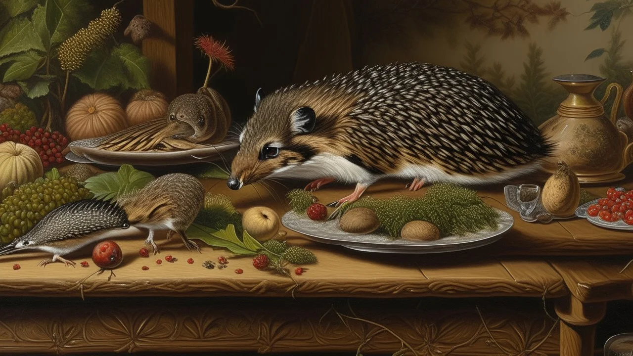 Pintura realista de caza con conejos y faisanes; un erizo terrestre explora discretamente la mesa, composición naturalista.