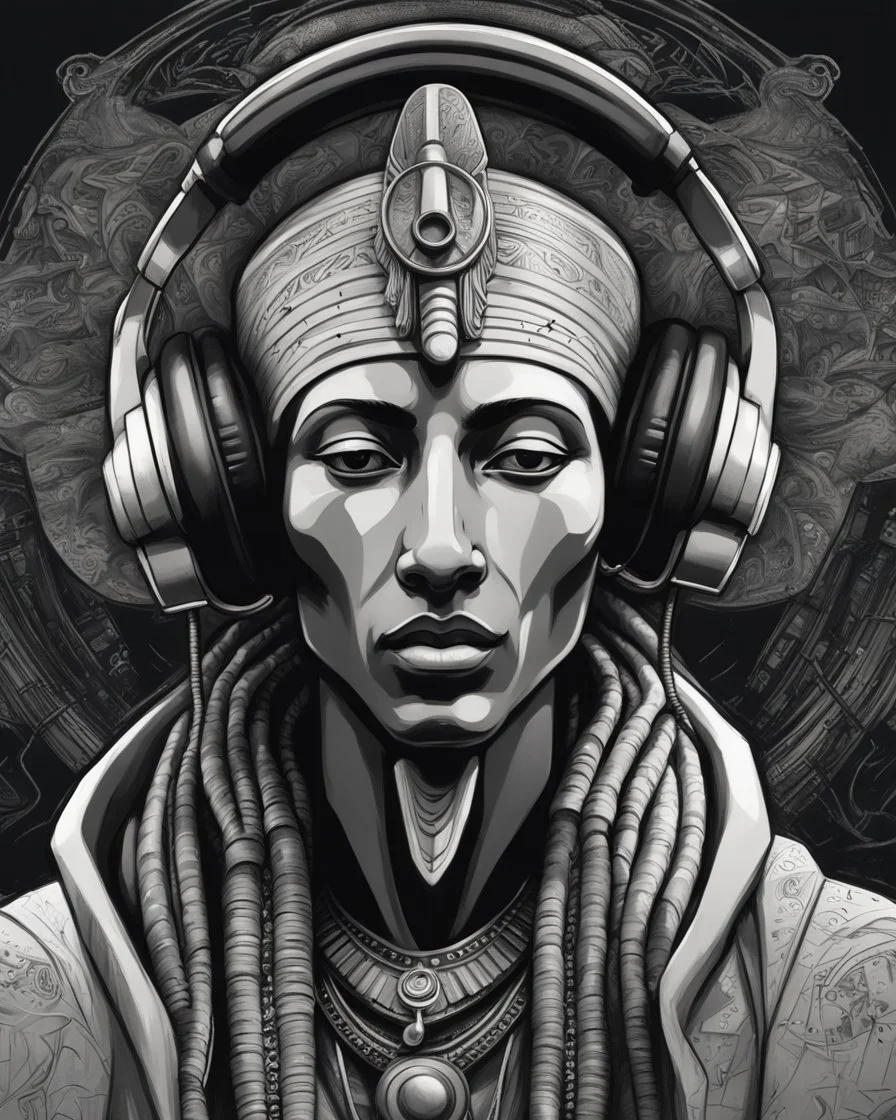 Illustrative sketch of Pharaoh Akhenaten in music with headphones, ultra quality, hyper detailed, graffiti, concept art, maximalism, 8k