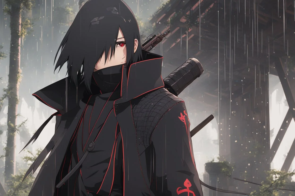 Itachi Uchiha in 8k nier automata artstyle, 2D them, Uchiha Custom, neon effect, close picture, rain, fantasy world, intricate details, highly detailed, high details, detailed portrait, masterpiece,ultra detailed, ultra quality