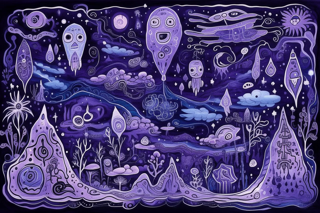 A purple outer space with ghosts of illusion designed in native American petroglyphs painted by Guo Xi
