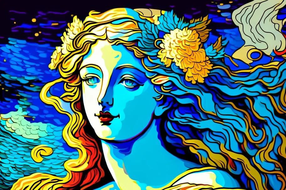 colourful digital painting of beautiful aphrodite, in the style of hokusai and van gogh