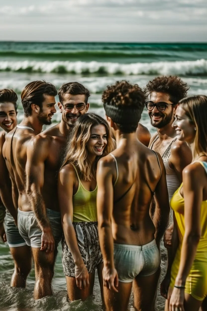 a group of friends about to swim at the beach
