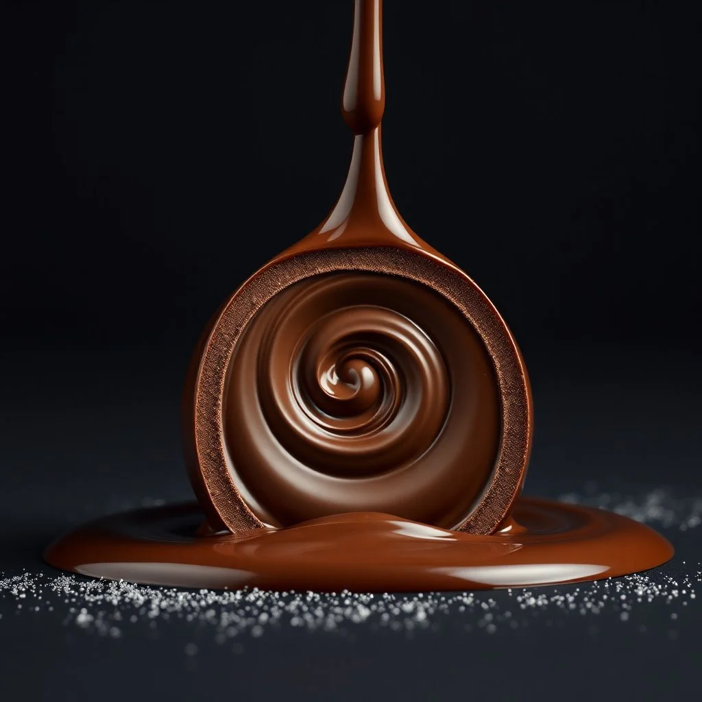 high realistic photo from liquid chocolate pierced through an chocolate bonbon with smooth swirling spiral, glitters dark background, soft box, sharp focus, studio photo, hyper realistic, expressionism, Art Nouveau, hig details, fodd photo