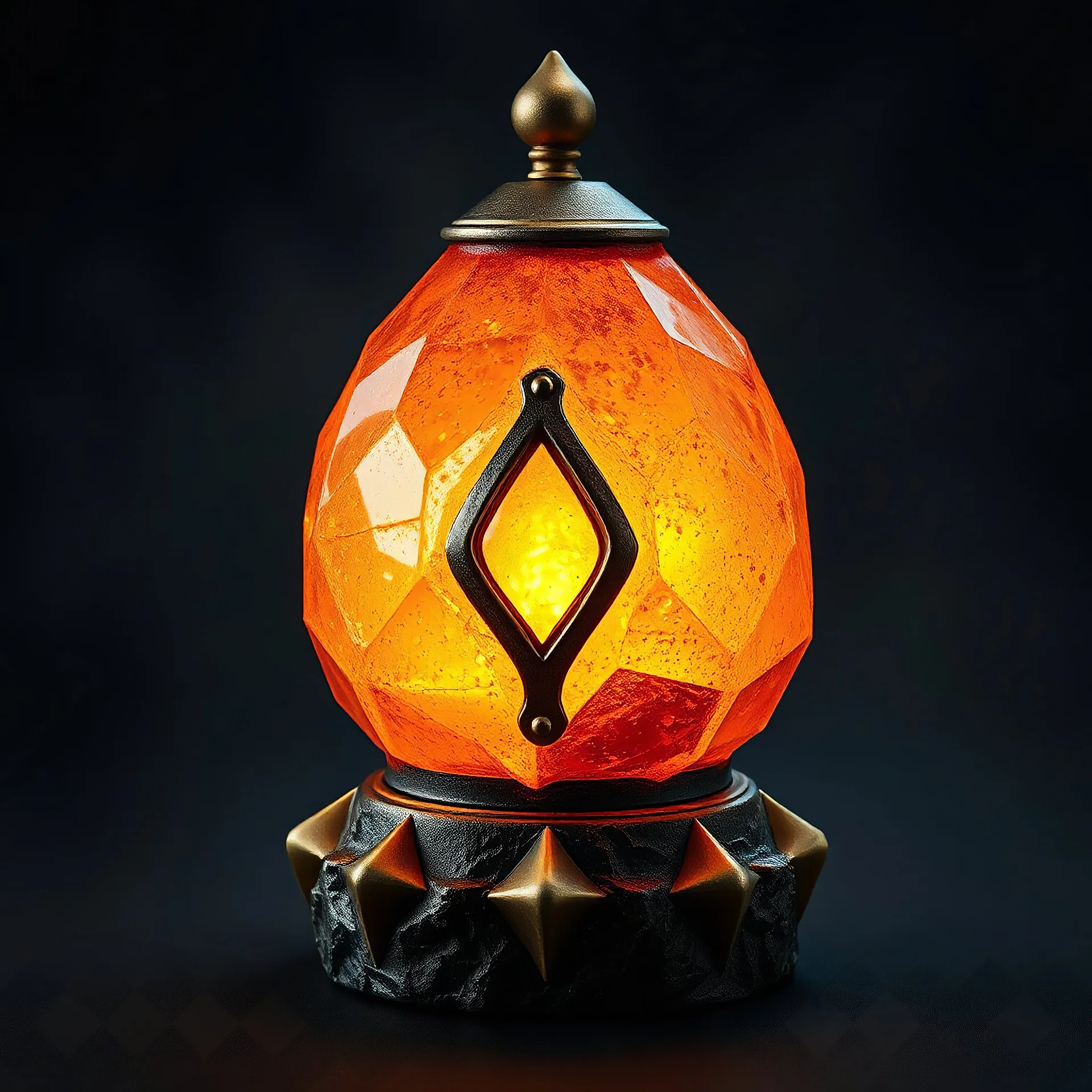 dwarven-style lamp like gem or stone, concept realistic abstract, metal stone and brass