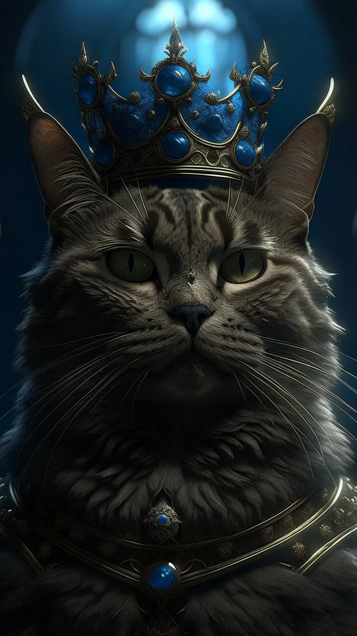 Upscale orkand almost leads to the extinction of cat musk king with crown, in an accurate revenge scheme,Dramatic, dark and moody, inspired style, with intricate details and a sense of mystery Blue background, 16k, dramatic lighting, matte painting, highly detailed, cgsociety, hyperrealistic, --no dof, --ar 2:1