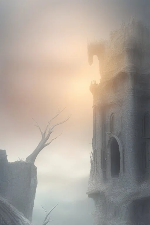 surrealis monochrome A fragmented, surreal sculpture liguid color of photorealistic image 3d,psychedelic art of an castle glossy emerging from dreamlike a crumbling building. The face appears pale with deep cracks and intricate details, evoking a haunting expression. Blackened tree branches intertwine with the gold mengkilat cracks, set against a backdrop of stormy, cloud-filled skies. bauhaus art The overall tone is dark and moody, suggesting themes of decay and transformation.