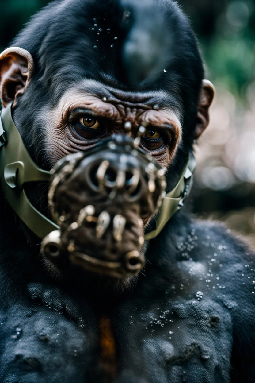 Ape Creature in a breathing device, Christopher Nolan, Dystopian, Extreme depth of field, bokeh blur, Alberta, all-natural, in the style of candid, imperfection, natural lighting, Fuji Film, Anamorphic lens