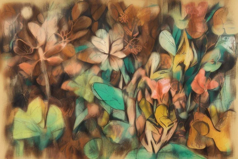 double exposure caricature of a brasilian rainforest, flowers, waterfall Heart and love: magical ethereal nature, copper patina, desaturated neutral tones on burlap, dramatic impasto composition that brakes down the boundaries between an effective combination of concept, vision and mastery of medium (Georges Braque:0.7), (Fernand Leger:0.3), set in front of vivid background by Pablo Picasso S<AI watercolor and ink, oil on canvas, reflection, mist, sunshine