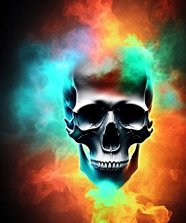 realistic skull. black background. smoke and explode. particles in air. teal and orange. watercolor and ink.