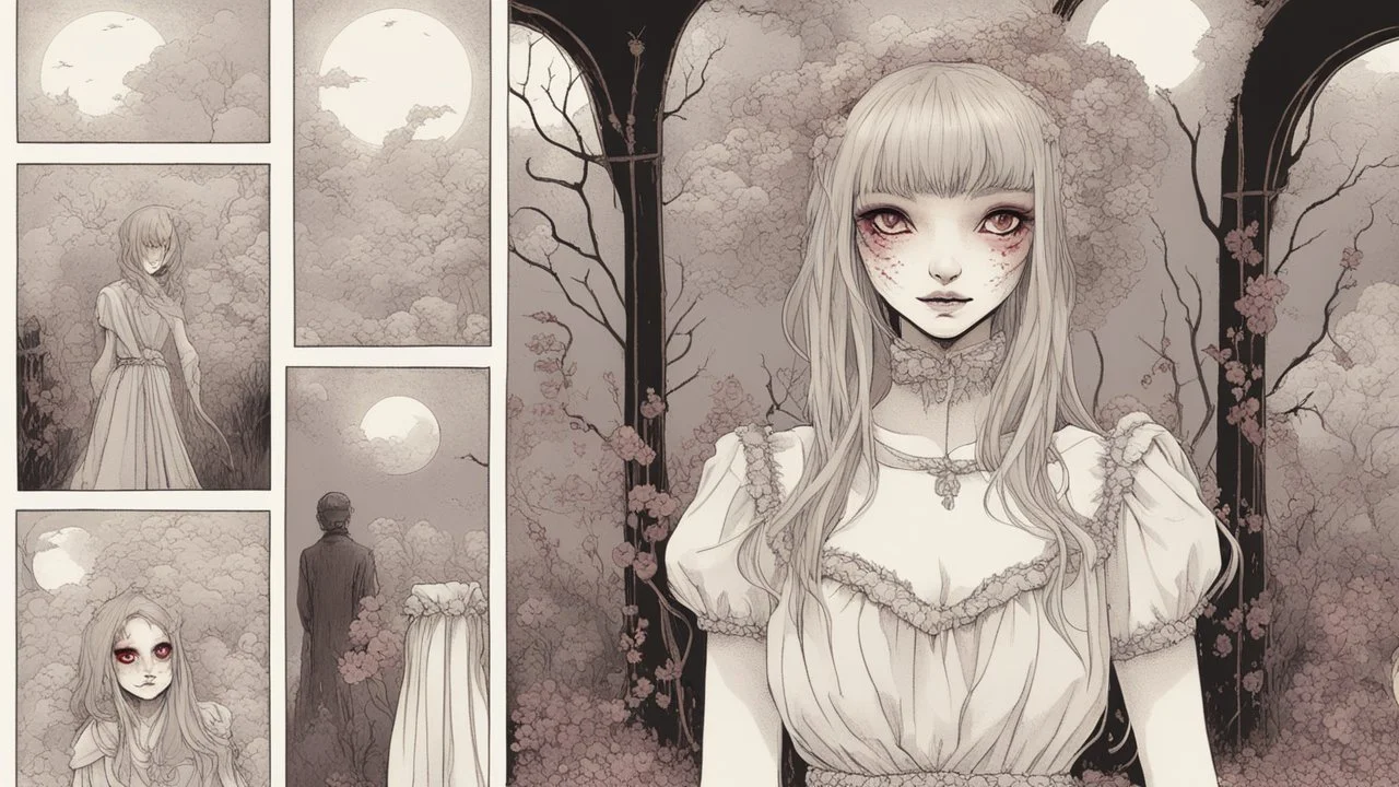 comic style, In the pallid moonlight, a peculiar girl appears - a vampire, her skin a haunting shade of spectral grey, as if she herself were wrought from the lonely heart of a forsaken moon. Cruel rubies are set into her eyes, glowing with ominous liveliness against her lifeless pallor. Blood, a sinister accompaniment to her form, the colour of garnet, seems to drip off her like a macabre jewel, casting a chilling aura of dangerous enchantment about her.