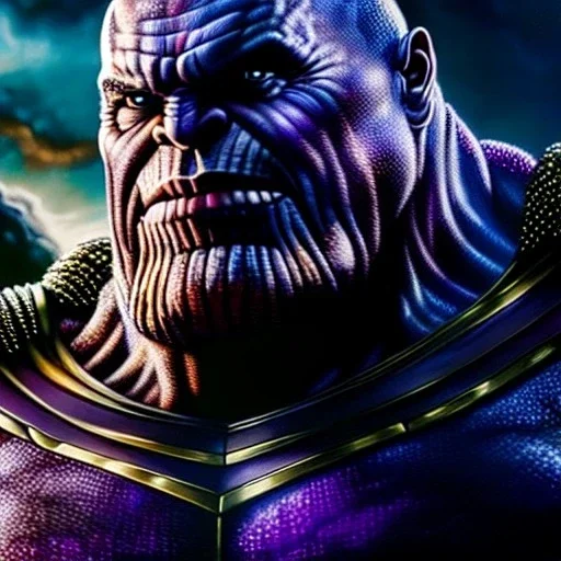 Ultra detailed fullbody Portrait in oil on canvas of Thanos (Marvel) with armor,intense stare,extremely detailed digital painting, extremely detailed face,crystal clear Big eyes, mystical colors ,perfectly centered image, perfect composition, rim light, beautiful lighting, 8k, stunning scene, raytracing, anatomically correct, in the style of robert e howard and Ken Kelley and Ohrai Noriyoshi and Simon Bisley and tomzj1