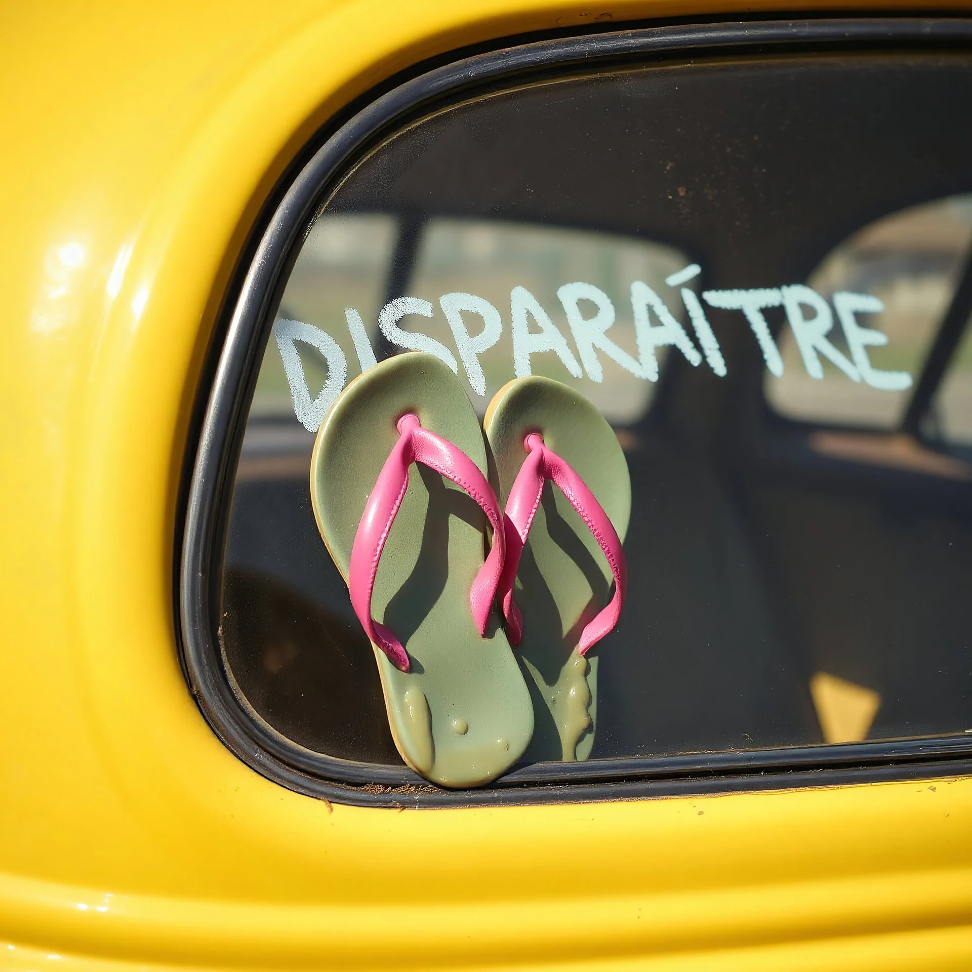 paire de tongs qui a fondu au soleil, ils dégoulinent, à la vitre d'une voiture vintage, avec le mot français "DISPARAÎTRE" sur la vitre